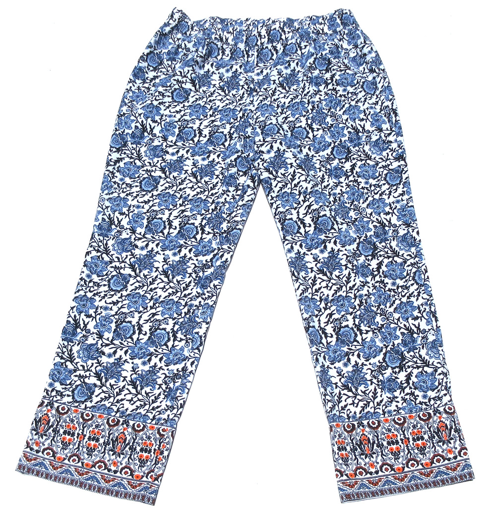 Talbots Womens 10 Blue-White Floral Print Lightweight Elastic-Waist Boho Pants